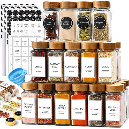 Glass Spice Jar Set 13-Piece with Bamboo Lids & Labels