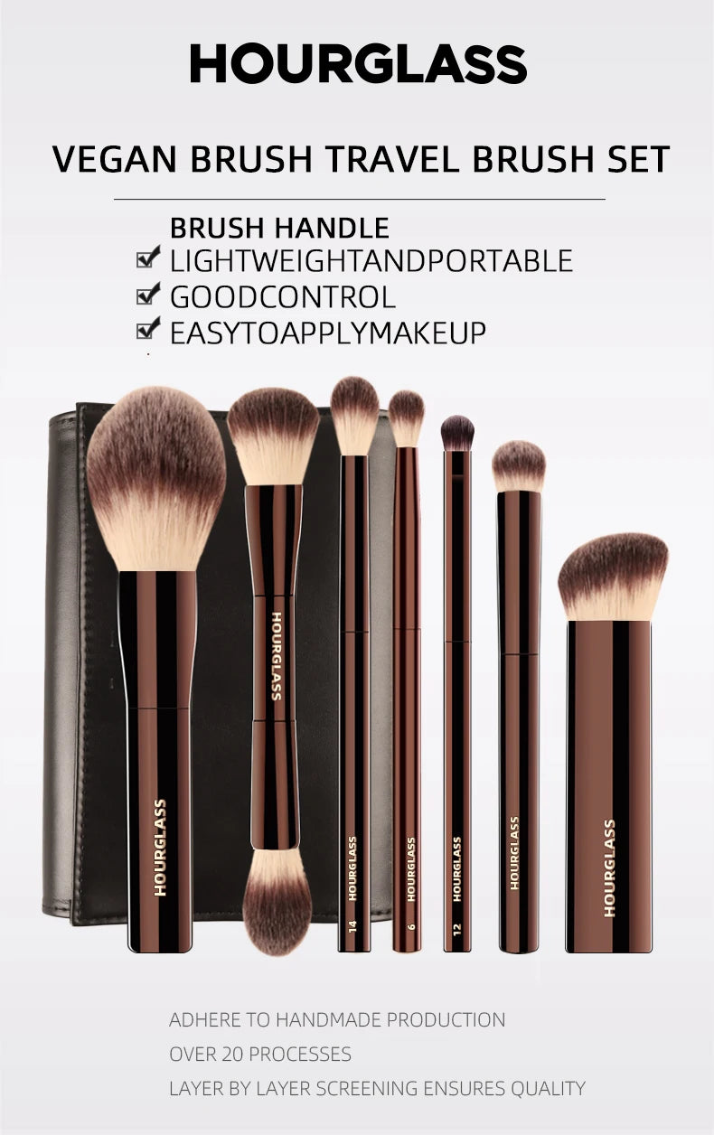 HOURGLASS Vegan Travel Brush Set – 7-Piece Face & Eye Makeup Brush Kit with Pouch | Luxury Gift Box Packaging
