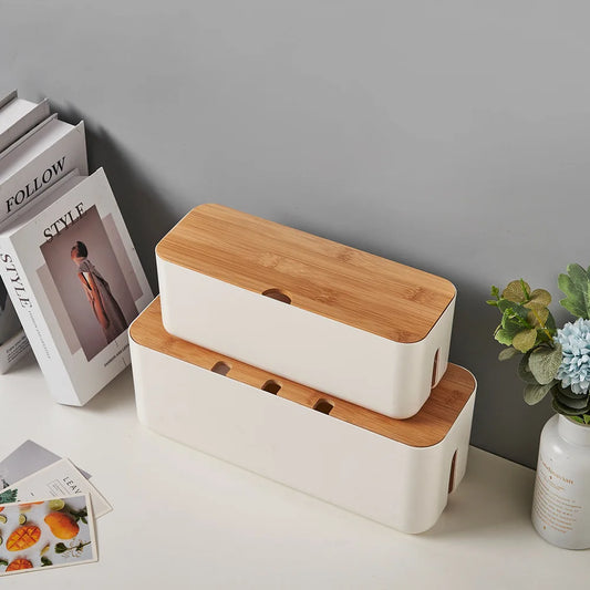 Cable Management Box - Bamboo Lid Cord Organizer for Power Strips