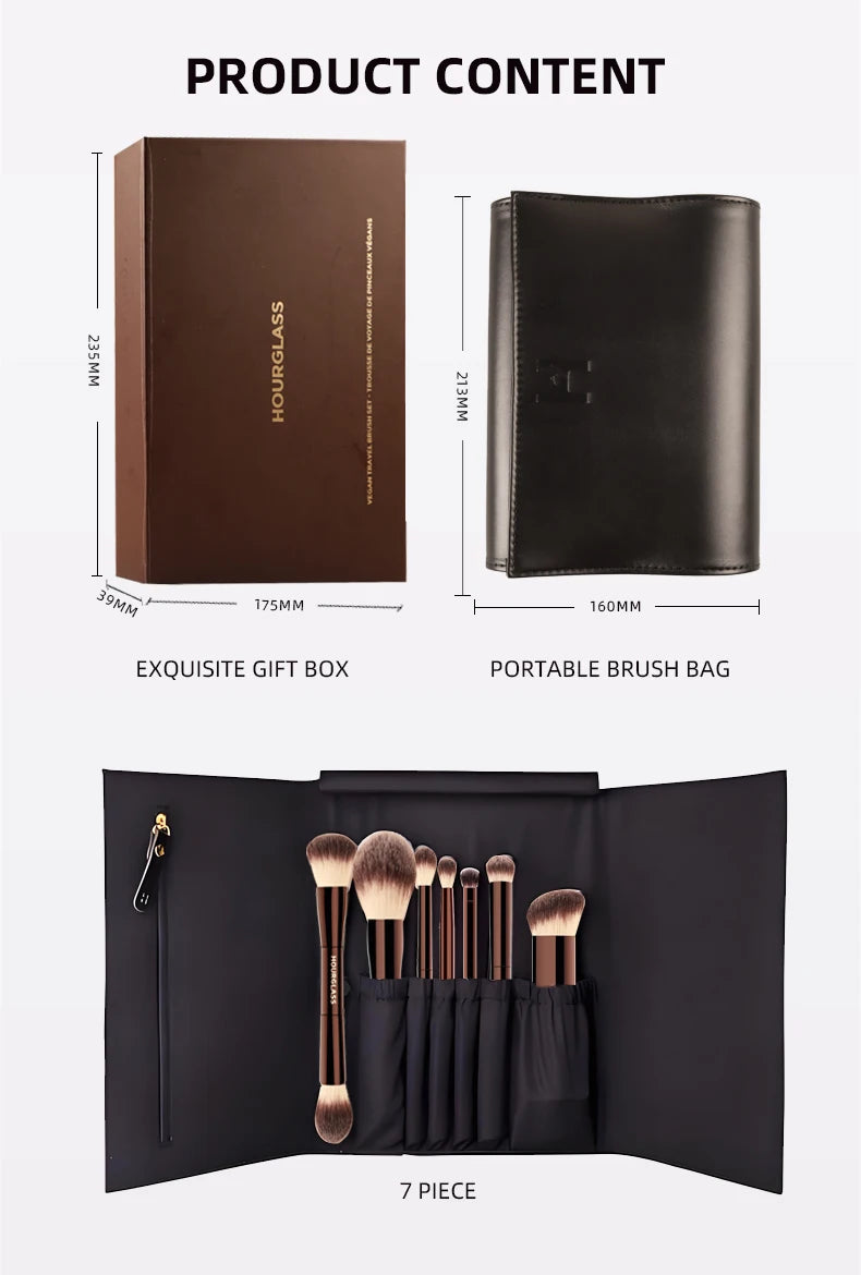 HOURGLASS Vegan Travel Brush Set – 7-Piece Face & Eye Makeup Brush Kit with Pouch | Luxury Gift Box Packaging