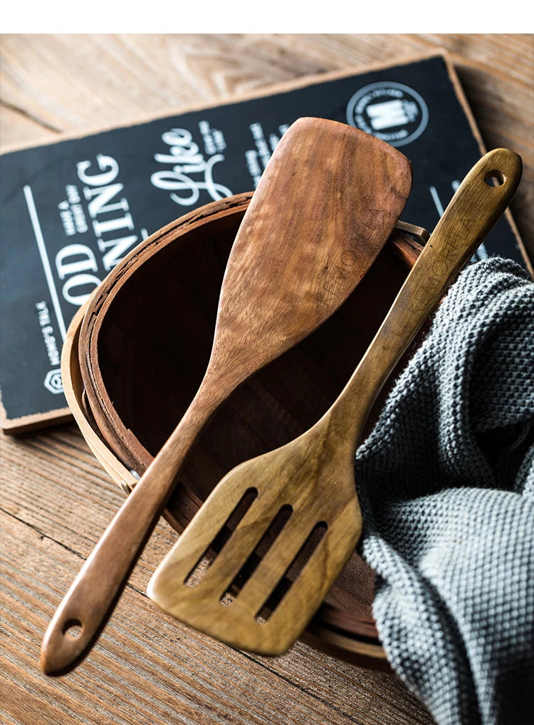 9-Piece Teak Wooden Utensil Set with Holder