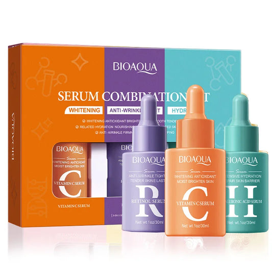 BIOAQUA Serum Set – Vitamin C, Retinol & Hyaluronic Acid (3pcs) | Moisturizing, Anti-Wrinkle, Brightening Facial Essence