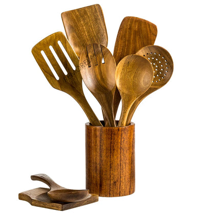 9-Piece Teak Wooden Utensil Set with Holder