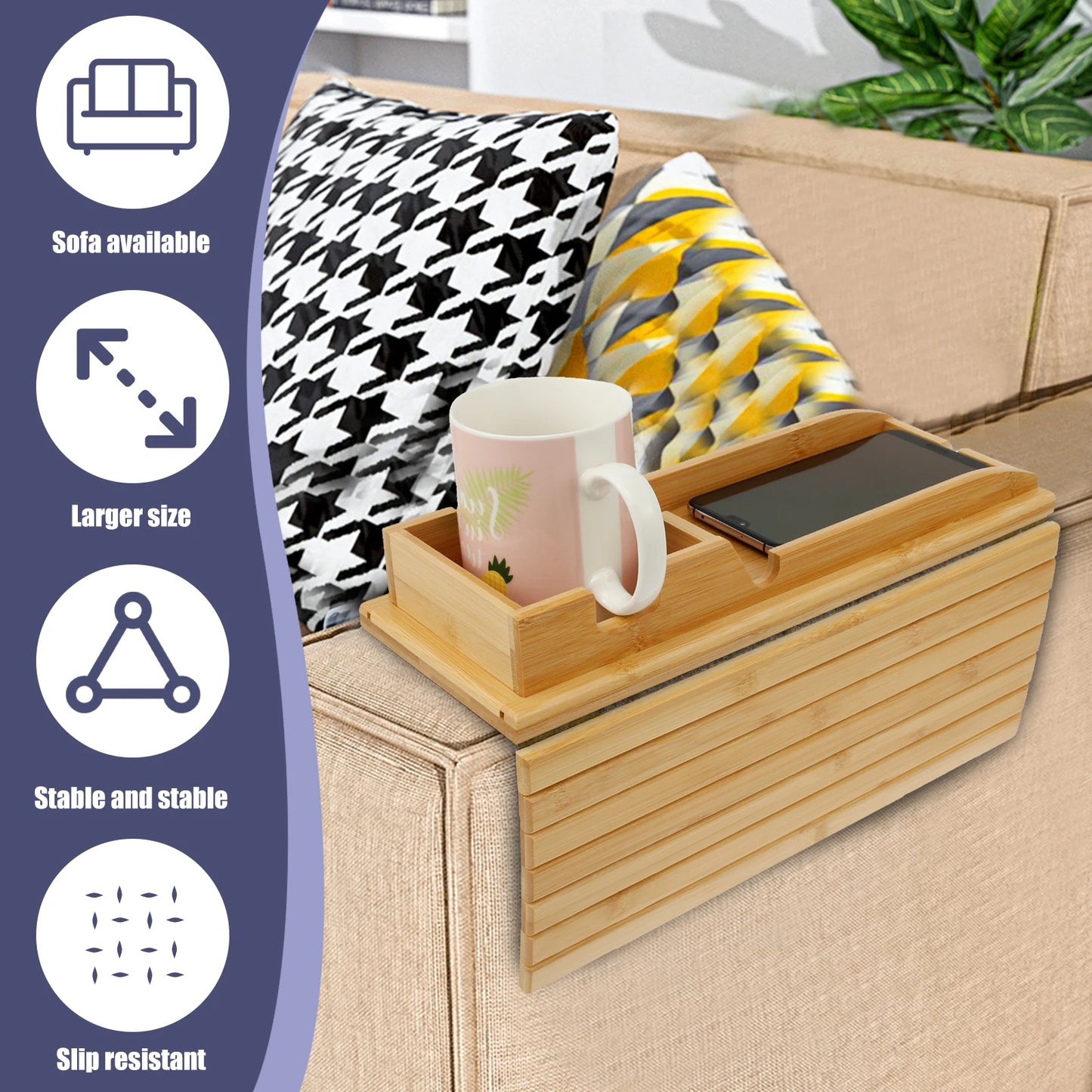 Bamboo Couch Cup Holder Tray