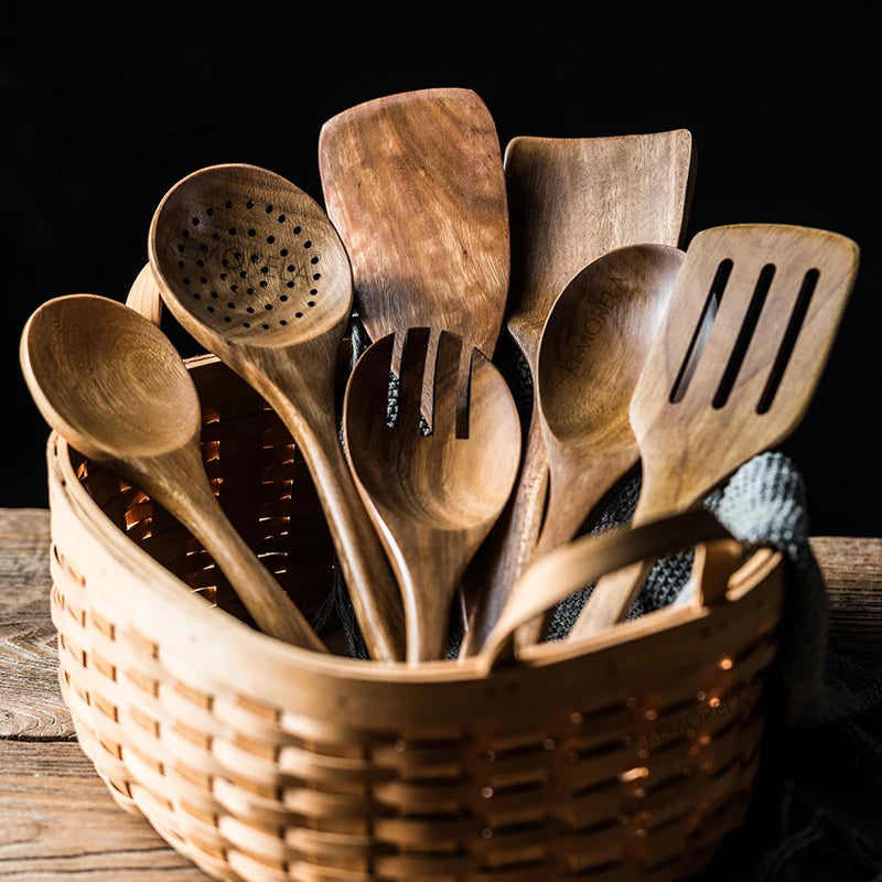 9-Piece Teak Wooden Utensil Set with Holder