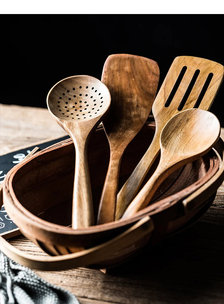 9-Piece Teak Wooden Utensil Set with Holder