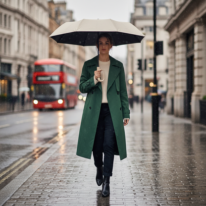Mulher com guarda-chuva creme na chuva