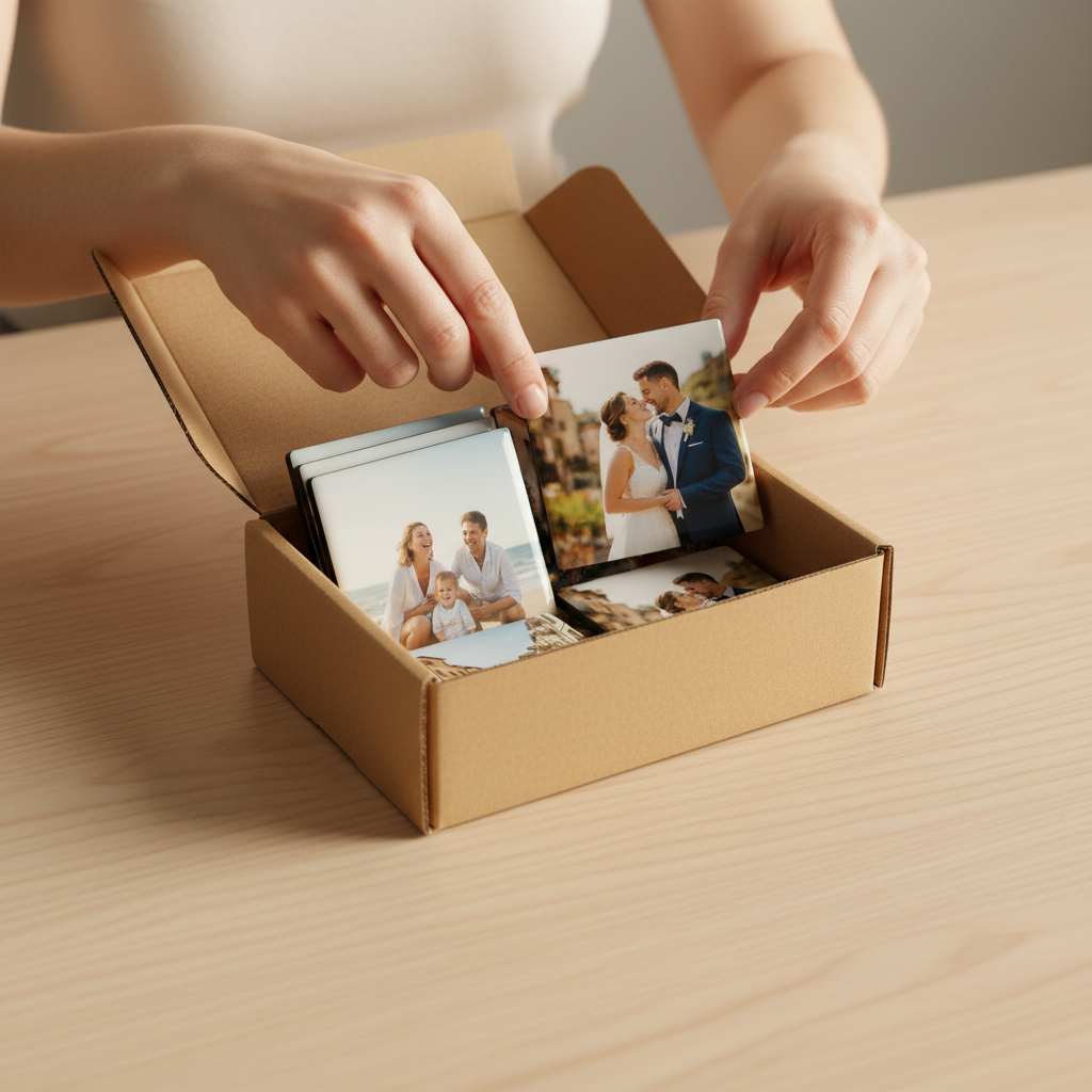 Pessoa a abrir o pacote dos ímanes personalizados