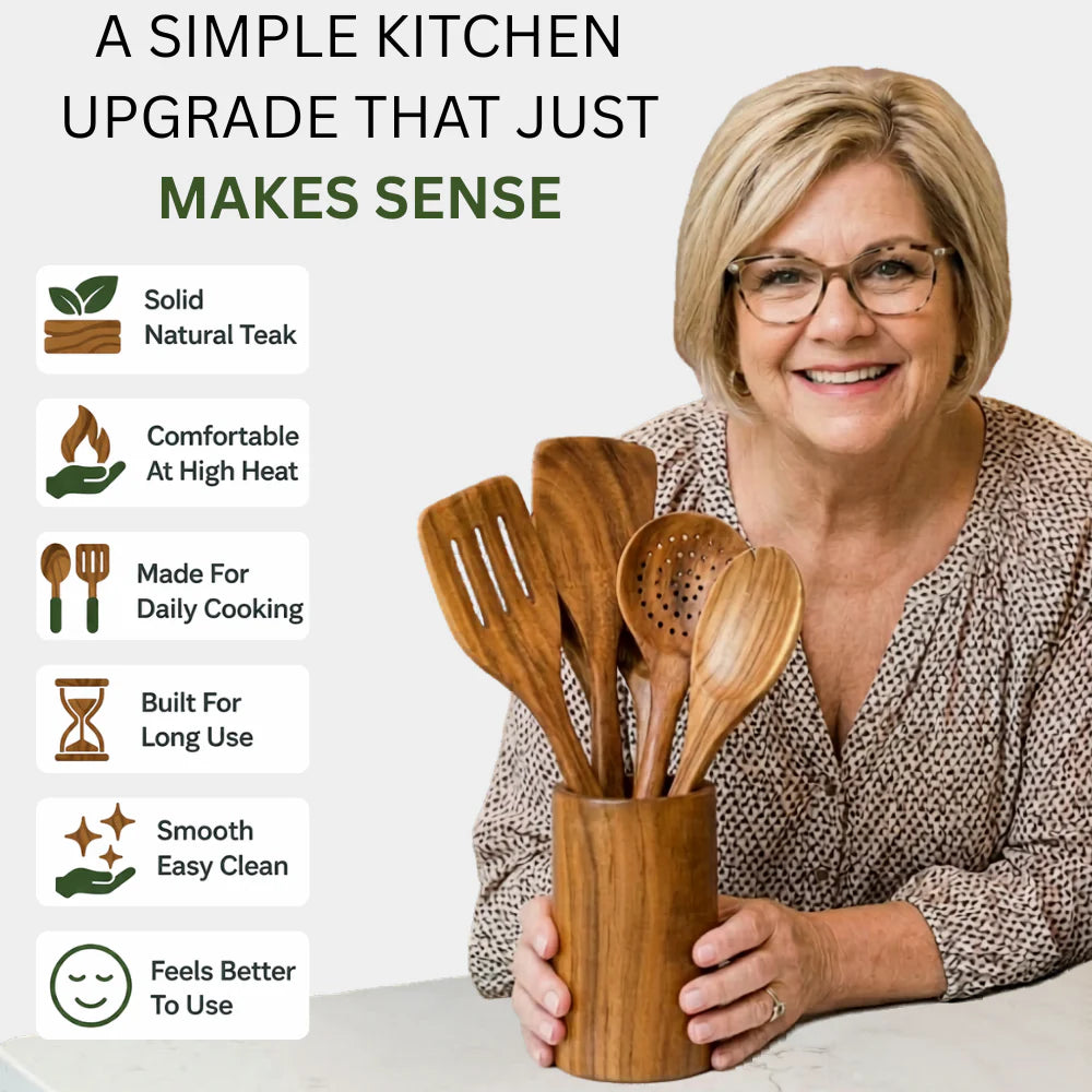 9-Piece Teak Wooden Utensil Set with Holder