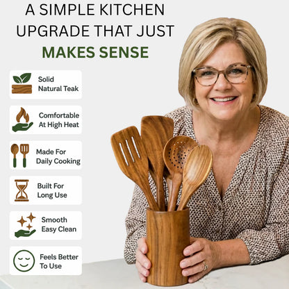 9-Piece Teak Wooden Utensil Set with Holder